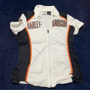 Harley Davidson Zip Shirt Womans Embroidery Sexy Biker Short Sleeve Top Medium
